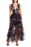 Bebe Floral Print Tiered Mesh Gown In Blue/ Red