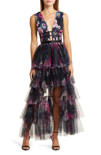 Bebe Floral Print Tiered Mesh Gown In Blue/ Red