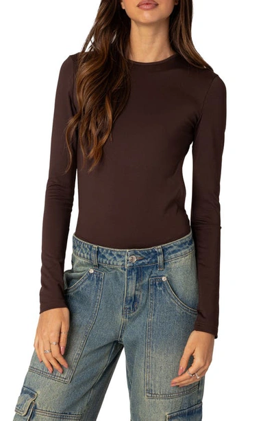 Edikted Neta Back Cutout Long Sleeve Bodysuit In Brown