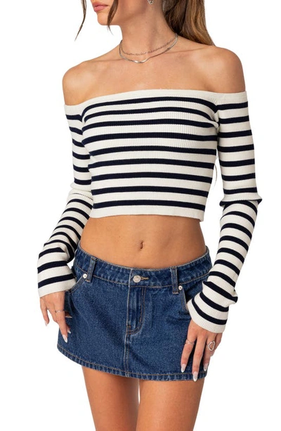 Edikted Miranda Stripe Rib Off The Shoulder Long Sleeve Knit Crop Top In Black And White Stripes