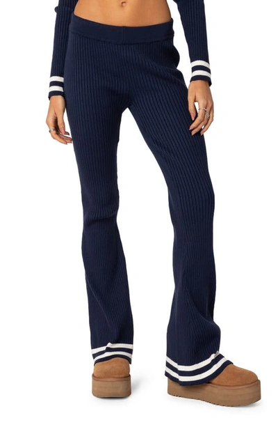 Edikted Pluto Stripe Rib Stitch Flare Pants In Navy