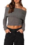 Edikted Lili Foldover Off The Shoulder Crop Sweater In Gray-melange