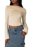 Edikted Dana Gathered Bateau Neck Long Sleeve Crop Top In Cream