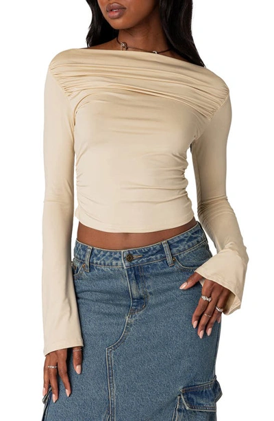 Edikted Dana Gathered Bateau Neck Long Sleeve Crop Top In Cream