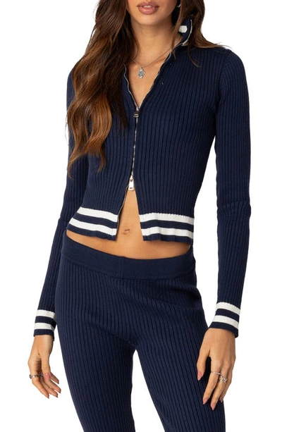 Edikted Pluto Rib Zip Cardigan In Navy