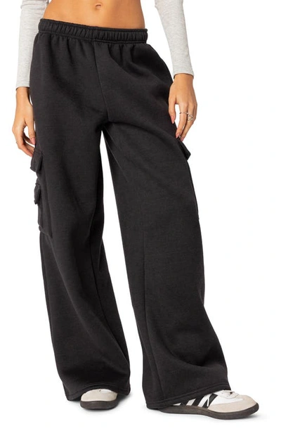 Edikted Wide Leg Cotton Cargo Sweatpants In Dark-gray