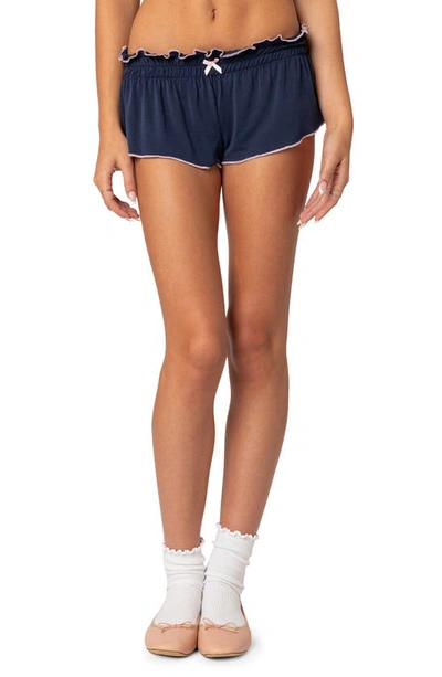 Edikted Alice Low Rise Ruffle Shorts In Navy