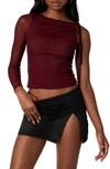 Edikted Jupiter Asymmetric Mesh Sleeve Top In Burgundy