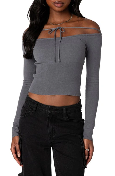 Edikted Jane Tie Front Off The Shoulder Long Sleeve Crop Top In Grey