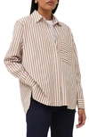 French Connection Thick Stripe Relaxed Fit Popover Shirt In White/tobacco