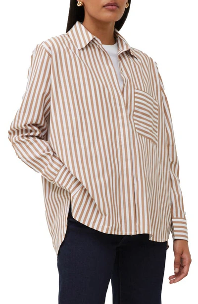 French Connection Thick Stripe Relaxed Fit Popover Shirt In White/ Toba