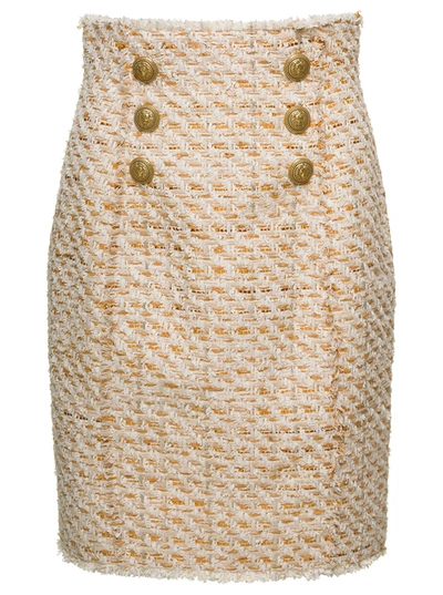Balmain Beige Tweed Skirt With Front Golden Buttons In Cotton Blend Woman In Default Title