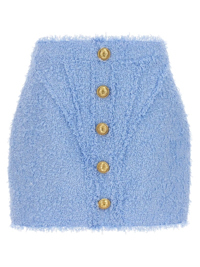 Balmain Logo Button Tweed Skirt In Light Blue