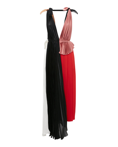 Victoria Beckham Asymmetric Pleated Crepe And Satin Dress In Black