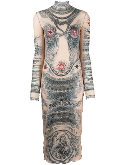 Jean Paul Gaultier Neutral Tattoo-print Dress In Brown