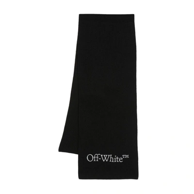 Off-white Logo-embroidered Virgin-wool Scarf In Black