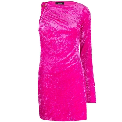 Versace Fuchsia One-shoulder Mini Dress With Greca Detail And Cut-out At The Back In Crushed Velvet Woman In Pink