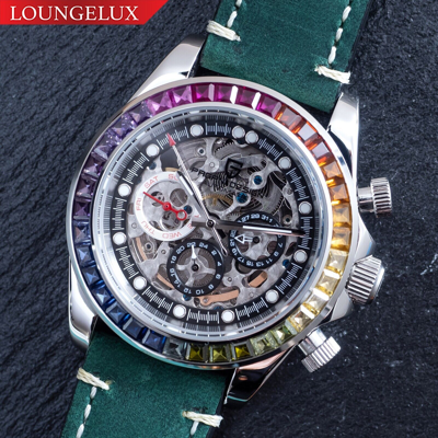 Pre-owned Pagani 40mm Automatic Mechanical Calendar Watch Silver Rainbow Green Suede Leather