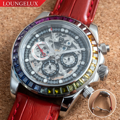 Pre-owned Pagani 40mm Automatic Mechanical Watch Silver Luxury Stones Red Leather Strap Gift