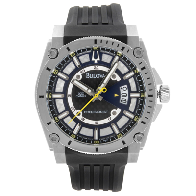 Pre-owned Bulova 96b131 Precisionist Steel Black Silver Dial Rubber Band Quartz Mens Watch