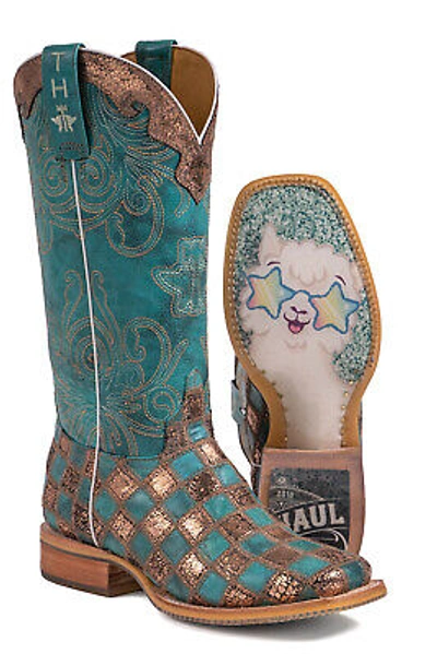 Pre-owned Tin Haul Womens Turquoise Leather No Probl-lama Cowboy Boots In Blue