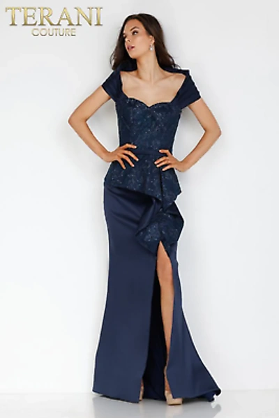 Pre-owned Terani Couture 231m0333 Evening Dress Lowest Price Guarantee Authentic In Navy