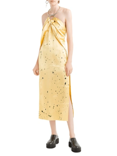 Pre-owned Marina Moscone Halter Necklace Satin Midi Dress In Yellow