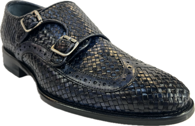 Pre-owned Calzoleria Toscana Mens Navy Leather Woven Double Monk Strap Dress Shoes Q978 In Blue