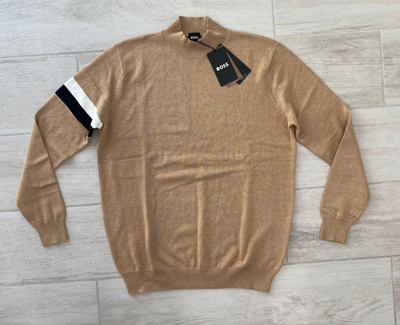 Pre-owned Hugo Boss Men's Merino Wool Sweater With Signature Stripe S, M, L, Xl, Xxl In Brown