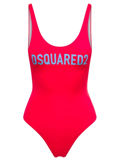 Dsquared2 Red One Piece Swimsuit With Lettering In Nylon Stretch Woman  In Red/light Blue