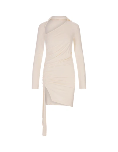 Off-white Short White Asymmetrical Dress With Draping In Bianco