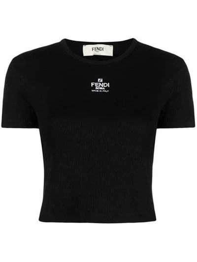 Fendi Logo Cotton Cropped T-shirt In Black