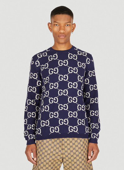 Gucci Long Sleeves Crew-neck Sweater In Blue,ivory