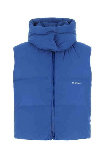 Off-white Man Down Jacket Azure Size L Polyester In Blue