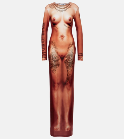 Jean Paul Gaultier Printed Corps Long Sleeve High Neck Dress In Light Nude