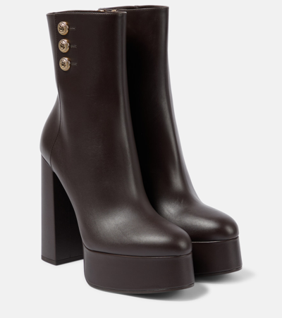 Balmain Brune Leather Platform Ankle Boots In Brown