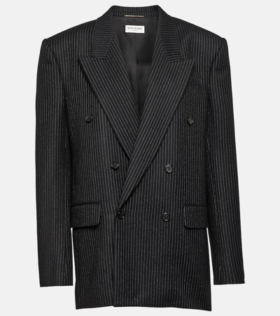 Saint Laurent Pinstripe Oversized Wool Blazer In Nero/rocci