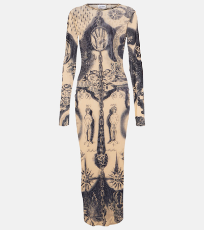 Jean Paul Gaultier Heraldique Printed Mesh Midi Dress In Beige