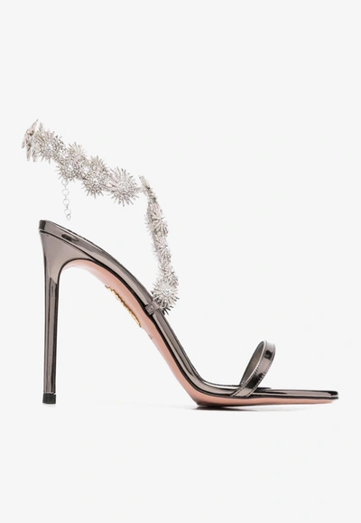 Aquazzura Comet 105 Crystal-embellished Gold-tone And Metallic Faux Leather Sandals In Smoke