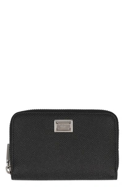 Dolce & Gabbana Small Calfskin Zip-around Wallet With Logo Tag In Black
