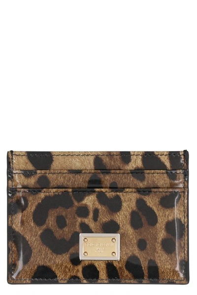 Dolce & Gabbana Printed Leather Card Holder In Brown