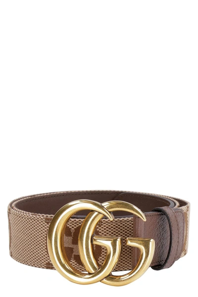 Gucci Gg Marmont Buckle Leather Belt In Camel