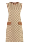 Gucci Gg Leather-trimmed Canvas Minidress In Beige