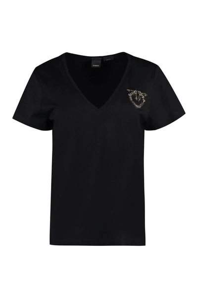 Pinko Embellished Cotton T-shirt In Black