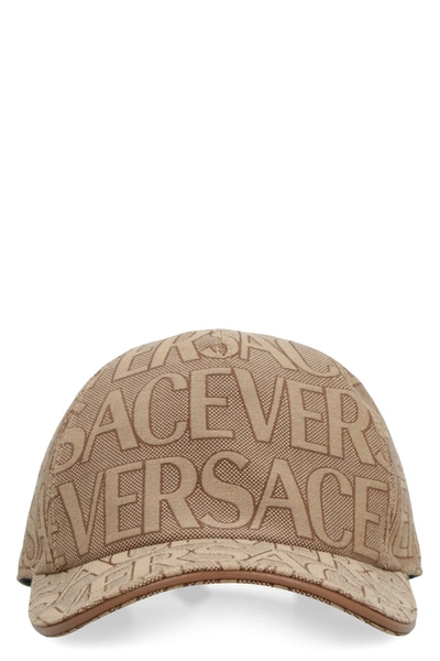 Versace All Over Logo Baseball Cap In Beige