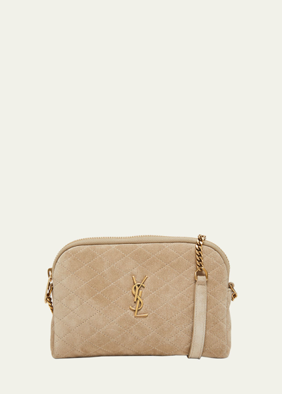 Saint Laurent Ysl Quilted Suede Pouch Shoulder Bag In Matt Gold