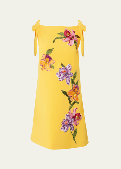 CAROLINA HERRERA FLORAL EMBROIDERED SHIFT DRESS WITH BOWS