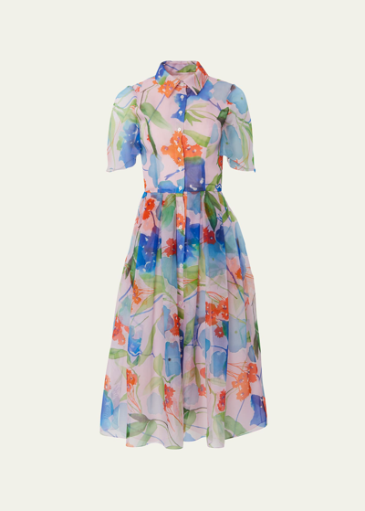 Carolina Herrera Button-front Floral-print Midi Dress With Tie Belt In Blush Multi