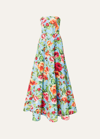 Carolina Herrera Strapless Floral Gown In Lake Blue Multi