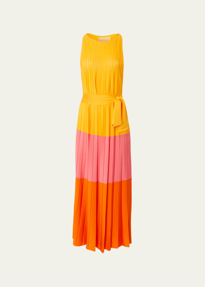 Carolina Herrera Colorblock Pleated Knit Maxi Dress With Tie Belt In Taxi Cab Multi